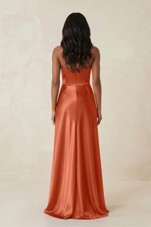 Sheath Strapless Ruffled Satin Bridesmaid Dress in Terracotta - KissProm Bridesmaid Dresses