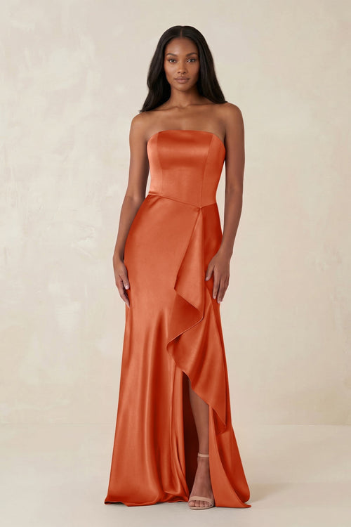 Sheath Strapless Ruffled Satin Bridesmaid Dress in Terracotta - KissProm Bridesmaid Dresses