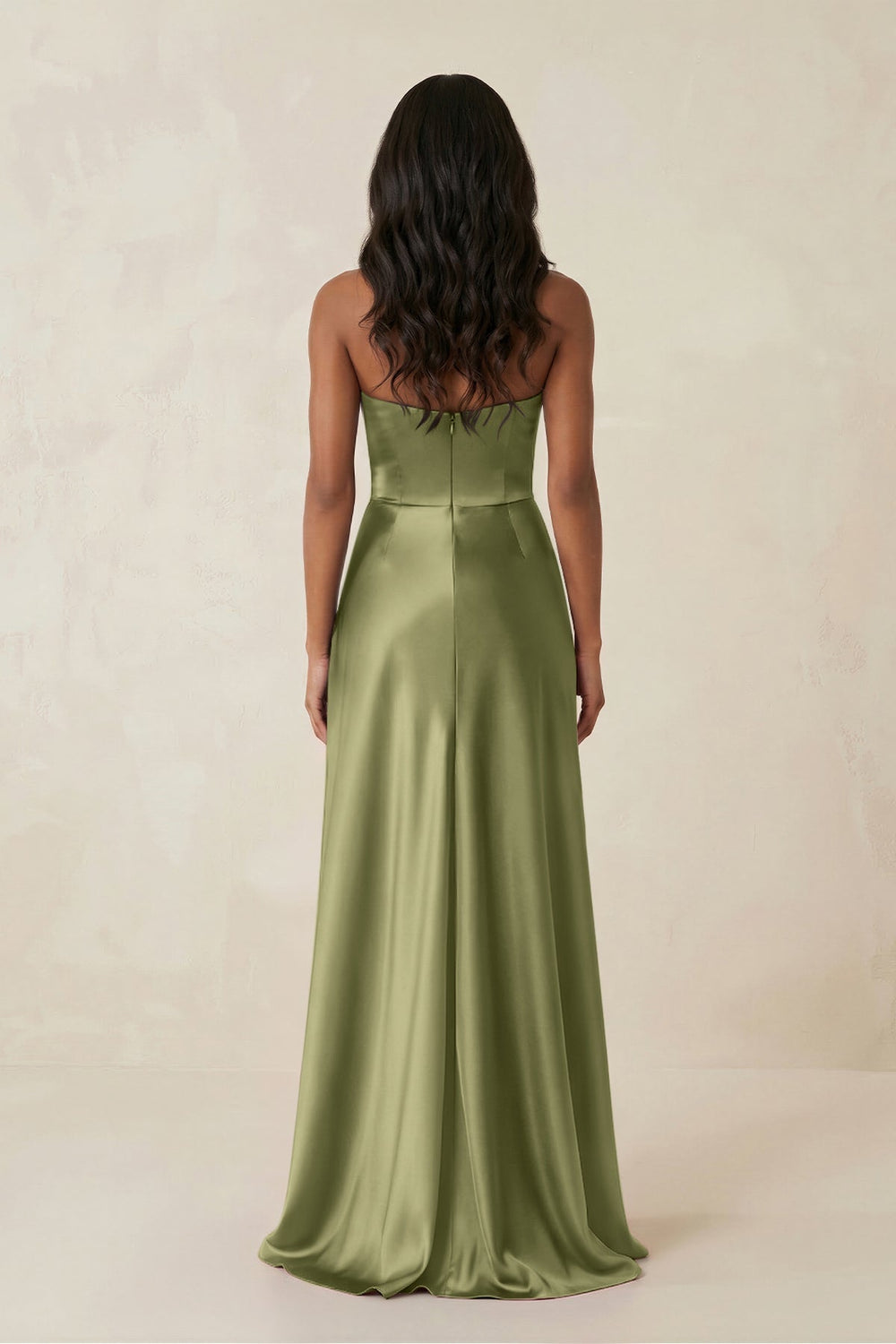 Sheath Strapless Ruffled Satin Bridesmaid Dress in Thyme - KissProm Bridesmaid Dresses
