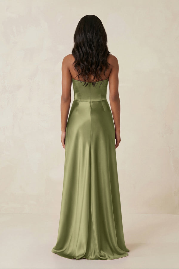 Sheath Strapless Ruffled Satin Bridesmaid Dress in Thyme - KissProm Bridesmaid Dresses