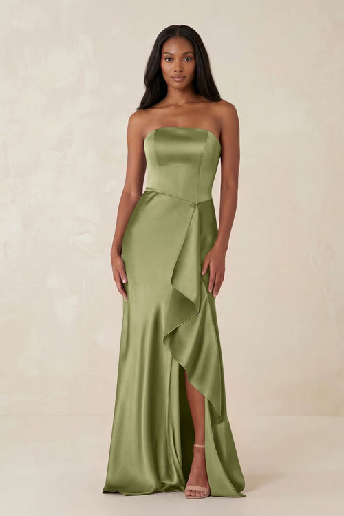 Sheath Strapless Ruffled Satin Bridesmaid Dress in Thyme - KissProm Bridesmaid Dresses