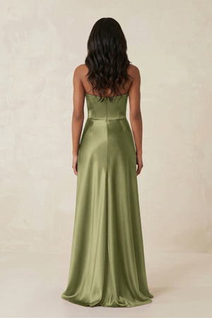 Sheath Strapless Ruffled Satin Bridesmaid Dress in Thyme - KissProm Bridesmaid Dresses