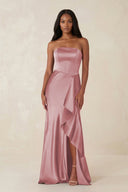 Sheath Strapless Ruffled Satin Bridesmaid Dress in Toffee - KissProm Bridesmaid Dresses