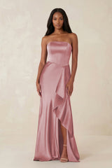 Sheath Strapless Ruffled Satin Bridesmaid Dress in Toffee - KissProm Bridesmaid Dresses