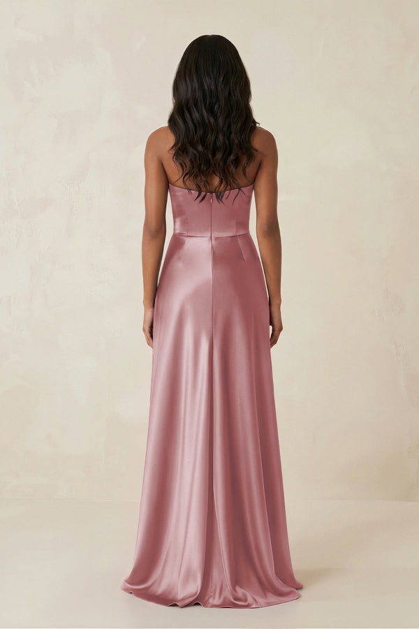 Sheath Strapless Ruffled Satin Bridesmaid Dress in Toffee - KissProm Bridesmaid Dresses