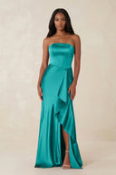 Sheath Strapless Ruffled Satin Bridesmaid Dress in Turquoise - KissProm Bridesmaid Dresses