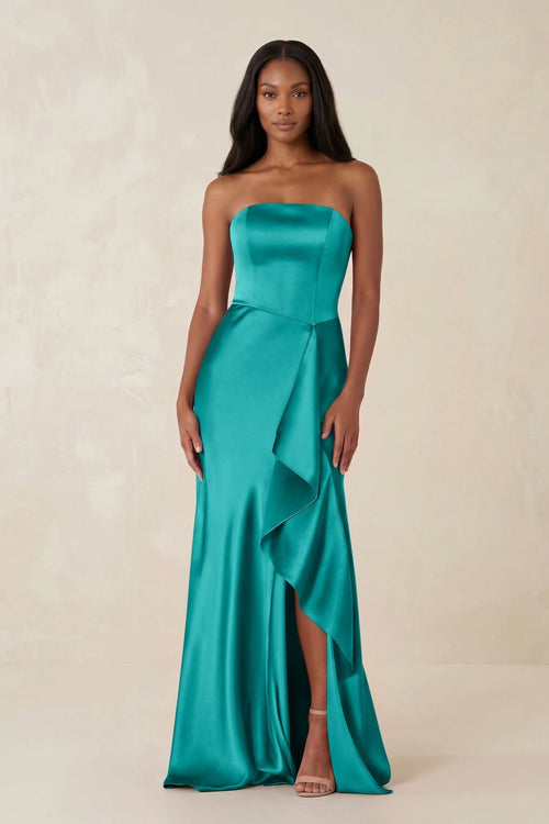 Sheath Strapless Ruffled Satin Bridesmaid Dress in Turquoise - KissProm Bridesmaid Dresses