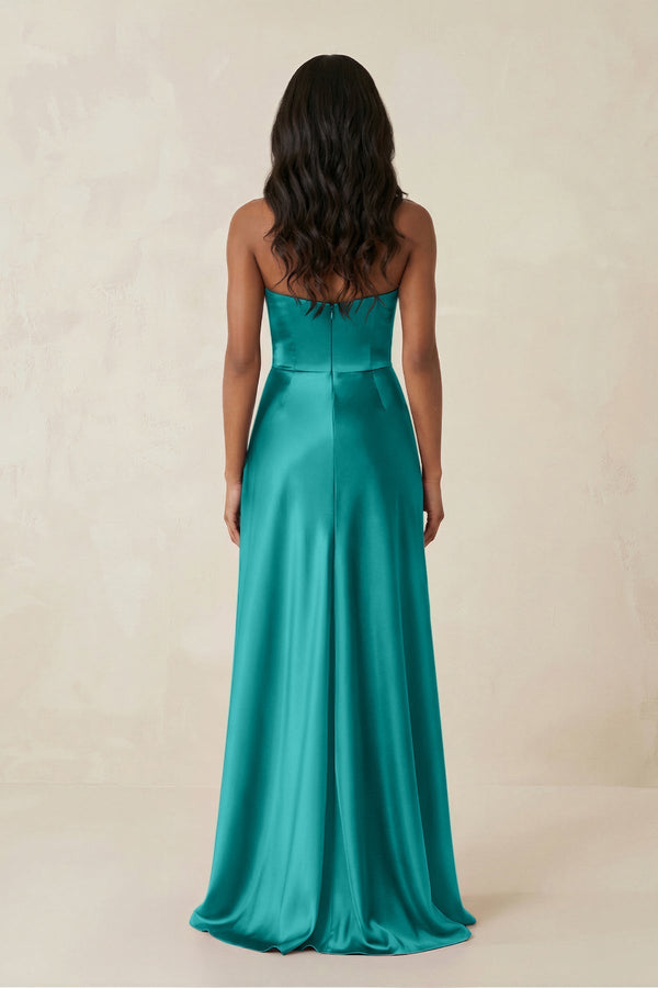 Sheath Strapless Ruffled Satin Bridesmaid Dress in Turquoise - KissProm Bridesmaid Dresses