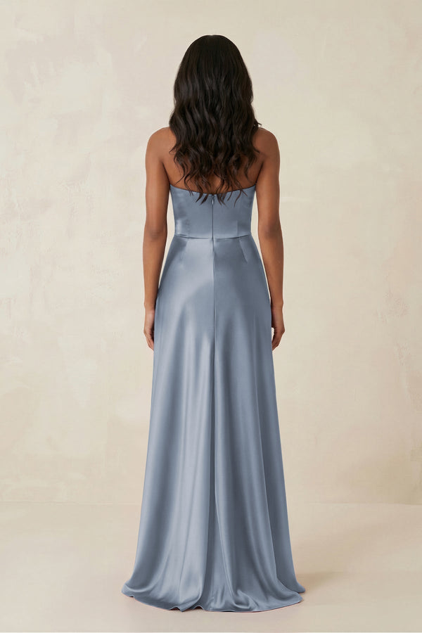 Sheath Strapless Ruffled Satin Bridesmaid Dress in Twilight - KissProm Bridesmaid Dresses
