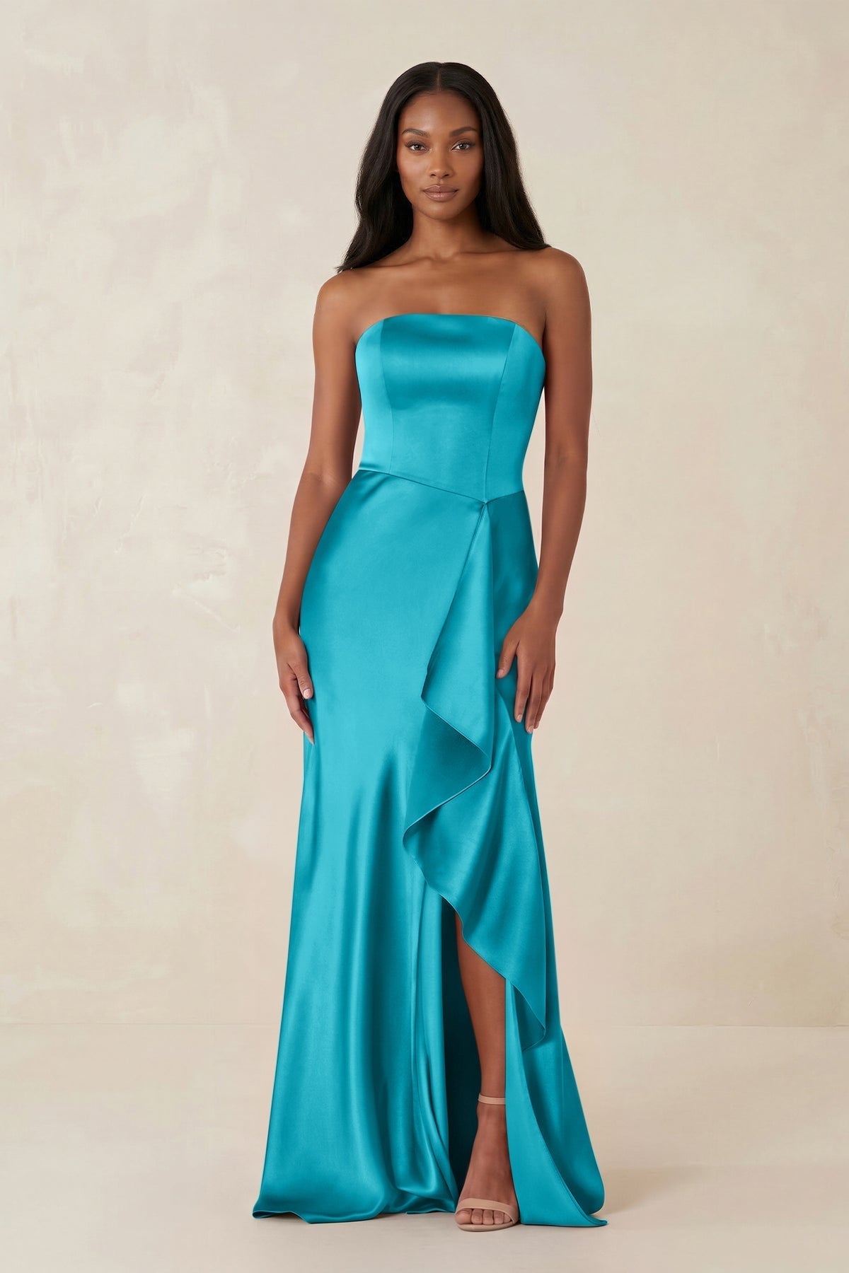 KissProm Sheath Strapless Ruffled Satin Bridesmaid Dress in Viridian Green, Viridian Green / 22