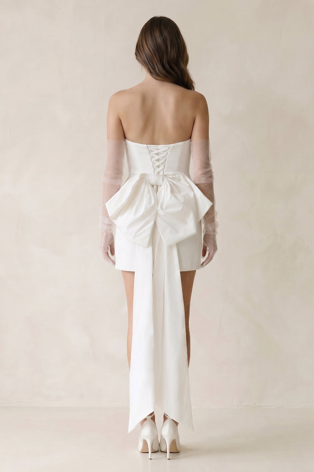 Sheath Strapless Satin Detachable Sleeves Mini Wedding Dress With Bow in White - KissProm Wedding Dresses