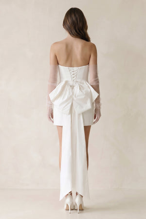 Sheath Strapless Satin Detachable Sleeves Mini Wedding Dress With Bow in White - KissProm Wedding Dresses