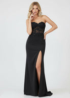 KissProm-Amaya Black Sheath Sweetheart Long Satin Prom Dress with Slit