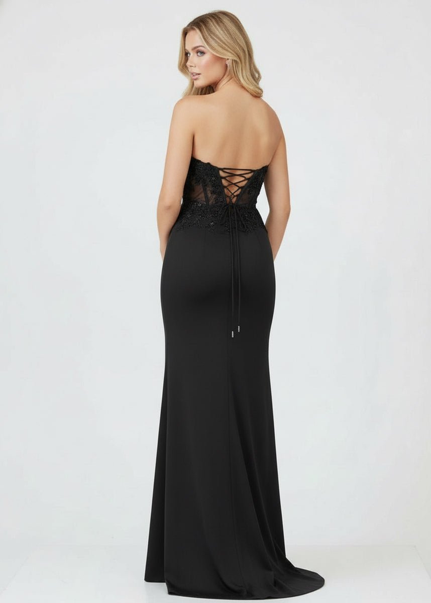 KissProm-Amaya Black Sheath Sweetheart Long Satin Prom Dress with Slit