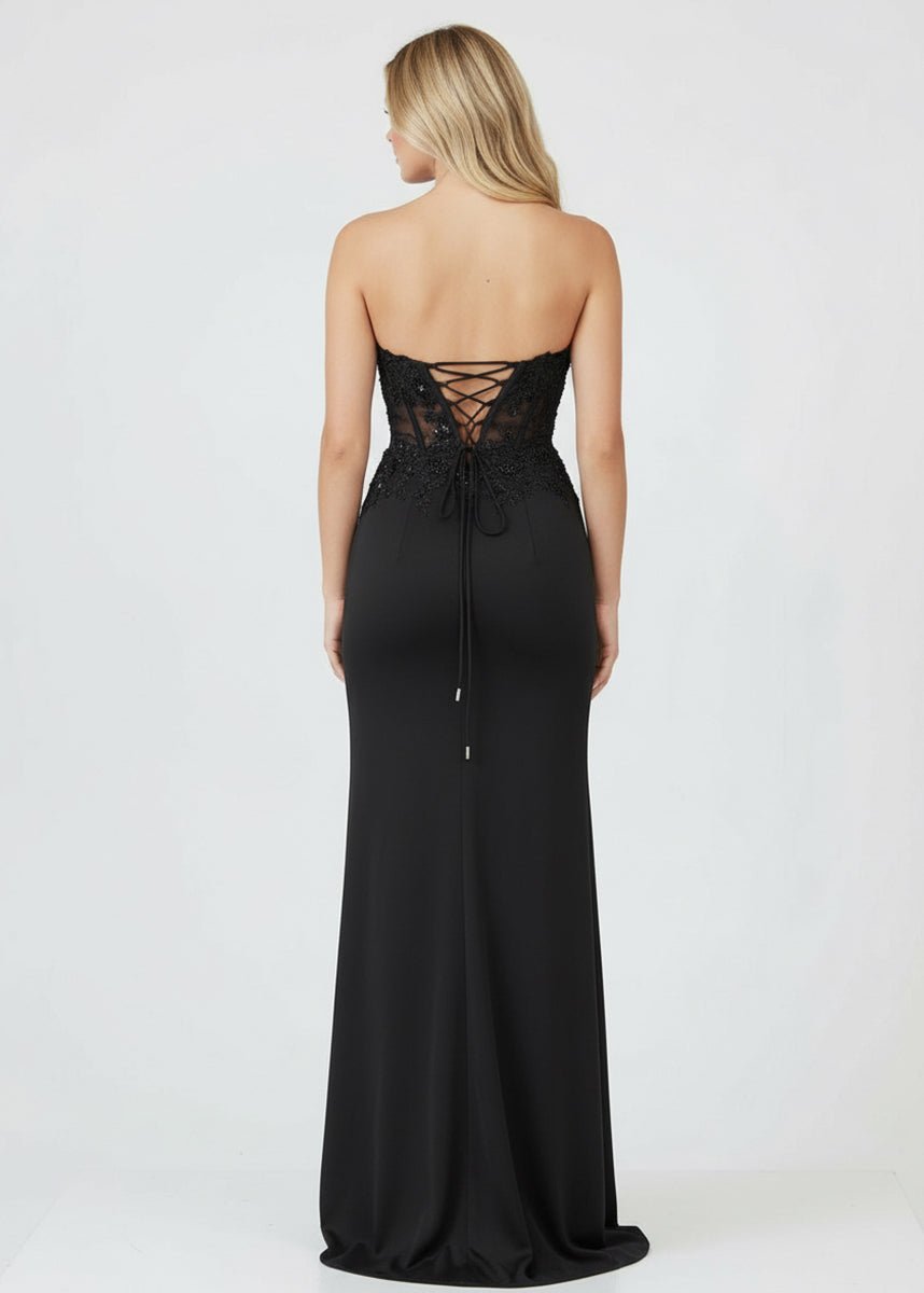 KissProm-Amaya Black Sheath Sweetheart Long Satin Prom Dress with Slit