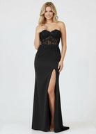 KissProm-Amaya Black Sheath Sweetheart Long Satin Prom Dress with Slit
