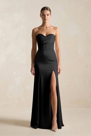 Sheath Sweetheart Corset Satin Bridesmaid Dress in Black - KissProm Bridesmaid Dresses