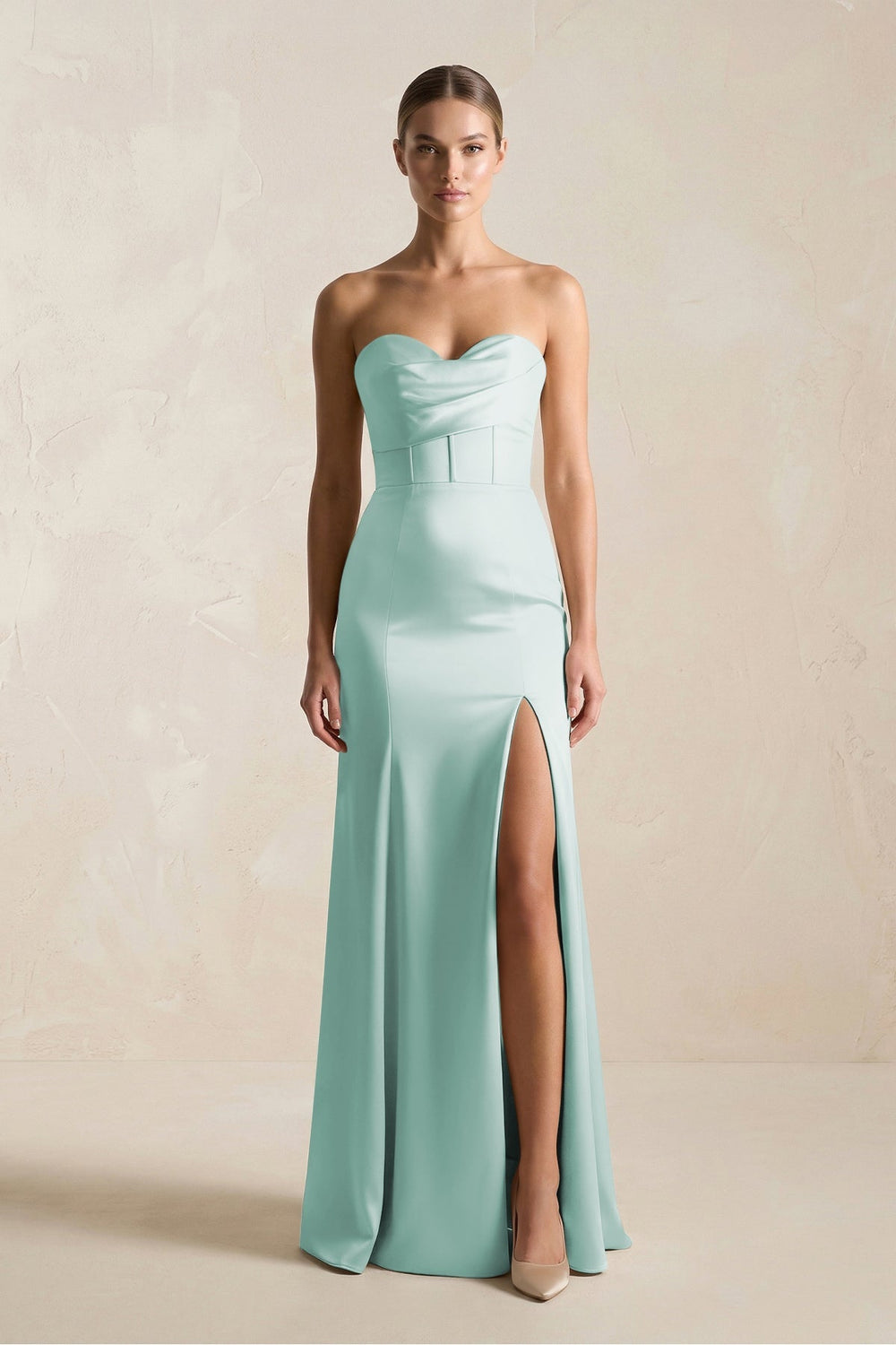 Sheath Sweetheart Corset Satin Bridesmaid Dress in Bleached Aqua - KissProm Bridesmaid Dresses