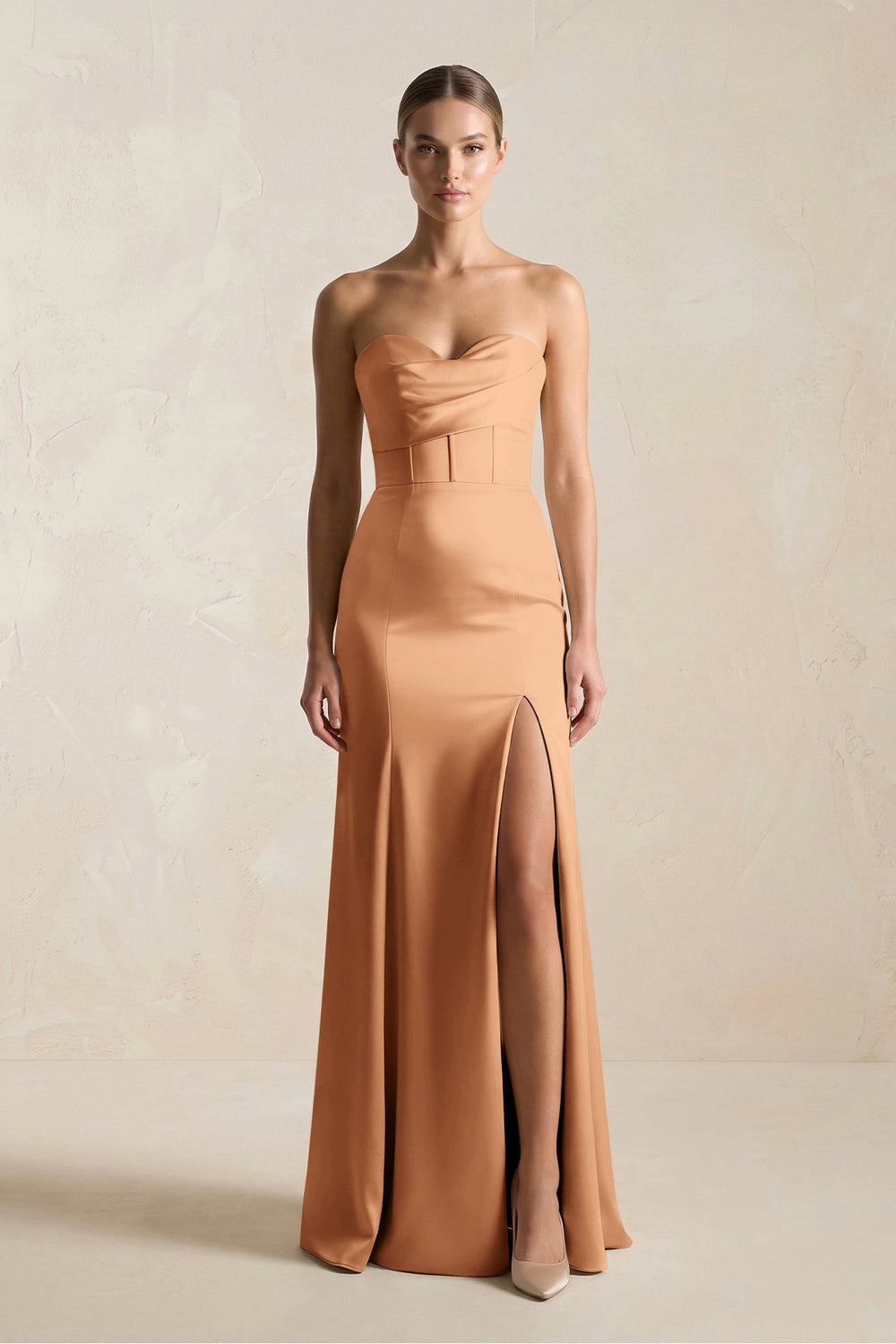 Sheath Sweetheart Corset Satin Bridesmaid Dress in Bronzer - KissProm Bridesmaid Dresses