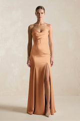 Sheath Sweetheart Corset Satin Bridesmaid Dress in Bronzer - KissProm Bridesmaid Dresses