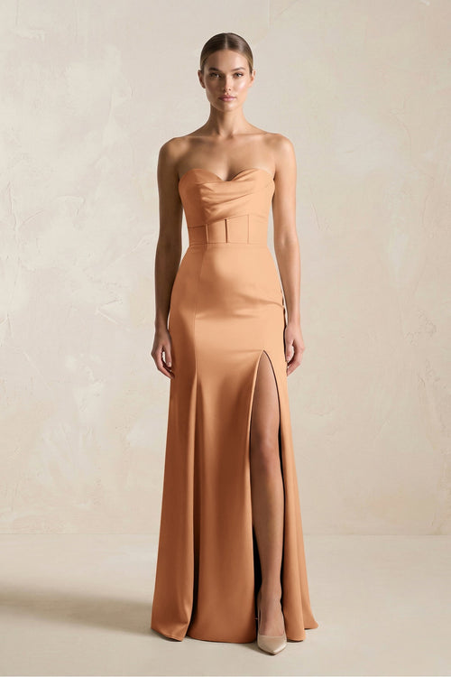 Sheath Sweetheart Corset Satin Bridesmaid Dress in Bronzer - KissProm Bridesmaid Dresses