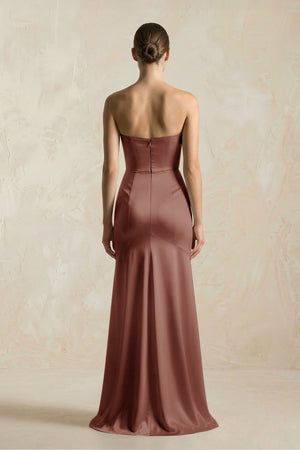 Sheath Sweetheart Corset Satin Bridesmaid Dress in Brown - KissProm Bridesmaid Dresses