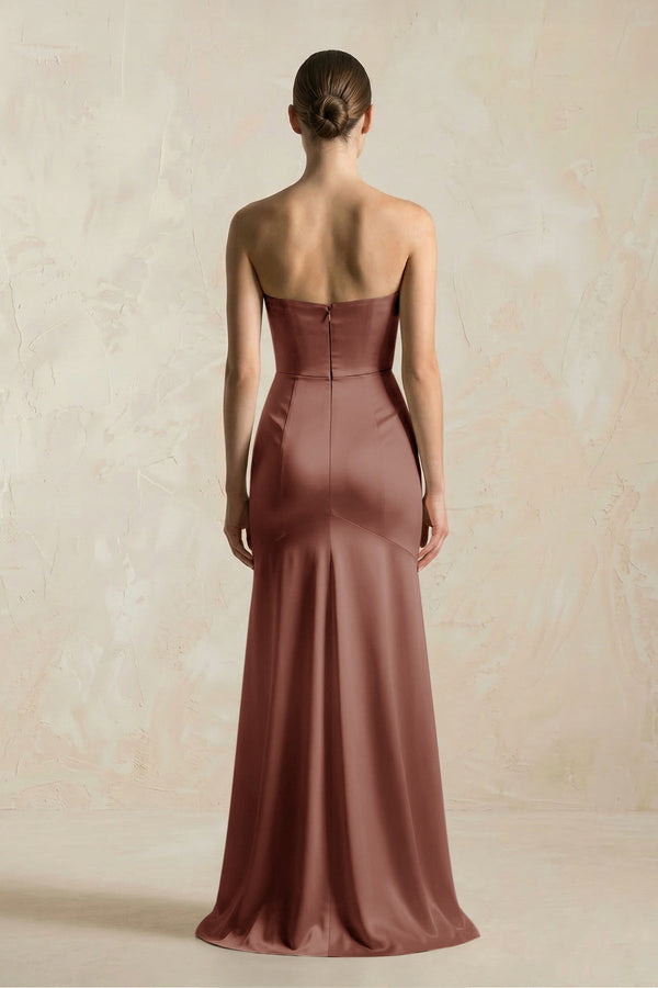 Sheath Sweetheart Corset Satin Bridesmaid Dress in Brown - KissProm Bridesmaid Dresses