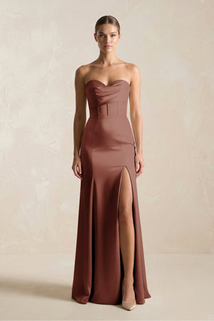 Sheath Sweetheart Corset Satin Bridesmaid Dress in Brown - KissProm Bridesmaid Dresses