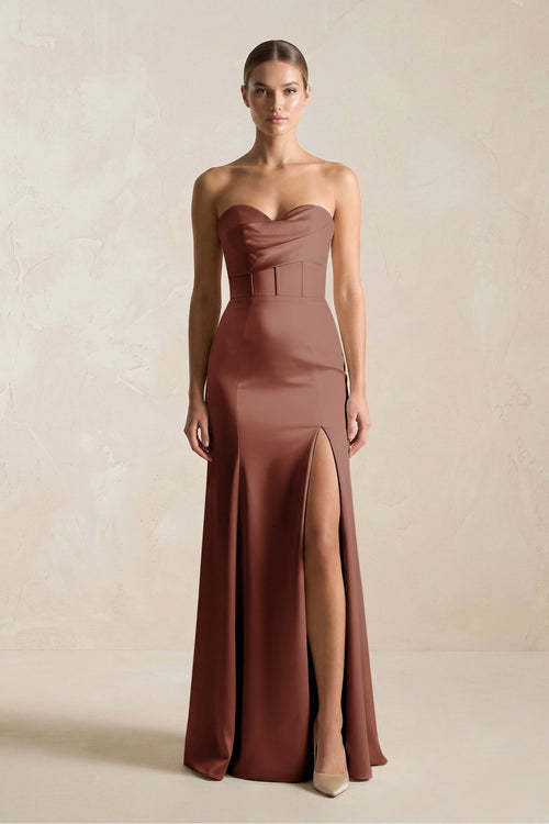 Sheath Sweetheart Corset Satin Bridesmaid Dress in Brown - KissProm Bridesmaid Dresses
