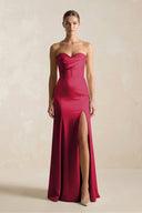 Sheath Sweetheart Corset Satin Bridesmaid Dress in Burgundy - KissProm Bridesmaid Dresses