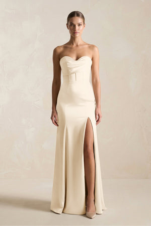 Sheath Sweetheart Corset Satin Bridesmaid Dress in Buttercream - KissProm Bridesmaid Dresses