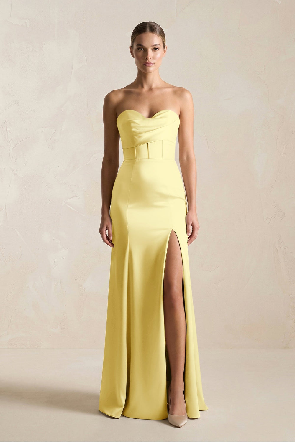 Sheath Sweetheart Corset Satin Bridesmaid Dress in Buttercup - KissProm Bridesmaid Dresses