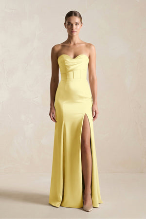 Sheath Sweetheart Corset Satin Bridesmaid Dress in Buttercup - KissProm Bridesmaid Dresses