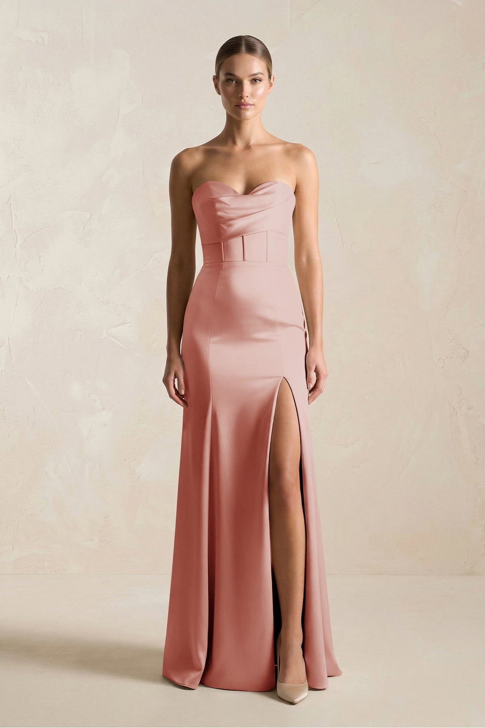Sheath Sweetheart Corset Satin Bridesmaid Dress in Champagne Rose - KissProm Bridesmaid Dresses