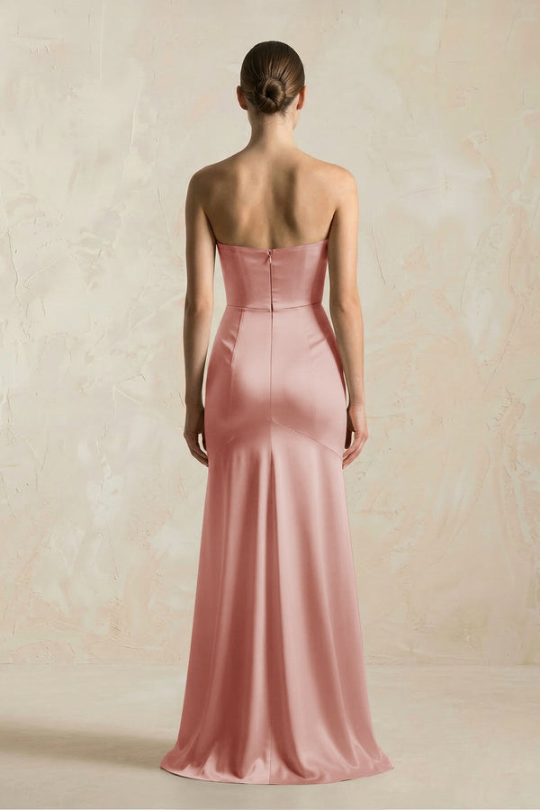 Sheath Sweetheart Corset Satin Bridesmaid Dress in Champagne Rose - KissProm Bridesmaid Dresses