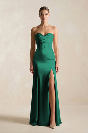 Sheath Sweetheart Corset Satin Bridesmaid Dress in Dark Green - KissProm Bridesmaid Dresses