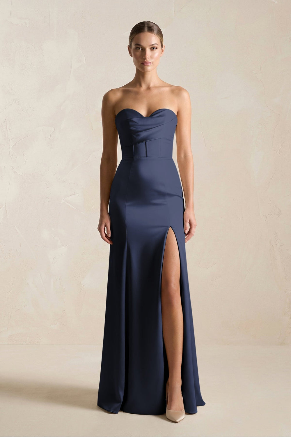 Sheath Sweetheart Corset Satin Bridesmaid Dress in Dark Navy - KissProm Bridesmaid Dresses