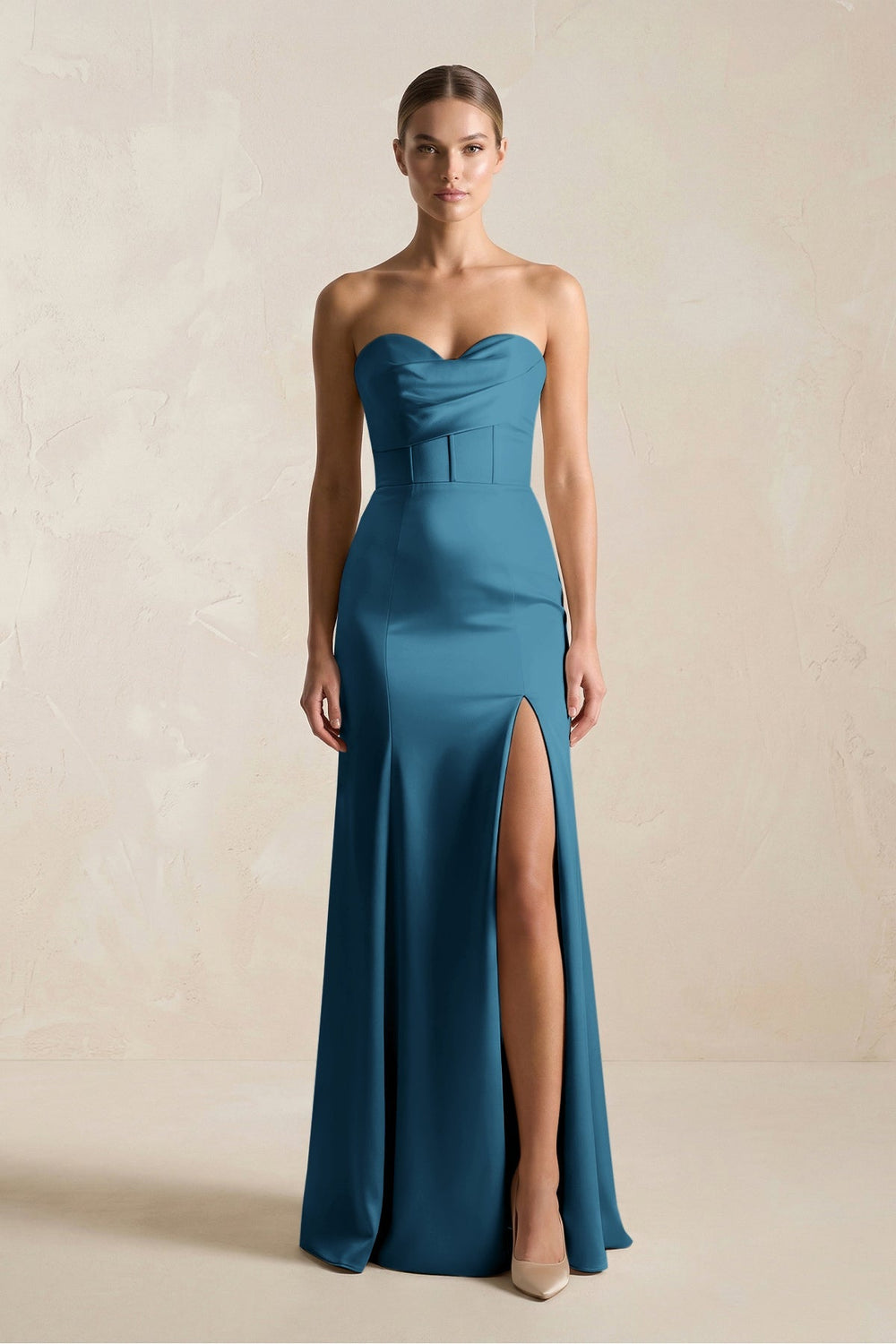 Sheath Sweetheart Corset Satin Bridesmaid Dress in Dark Teal - KissProm Bridesmaid Dresses