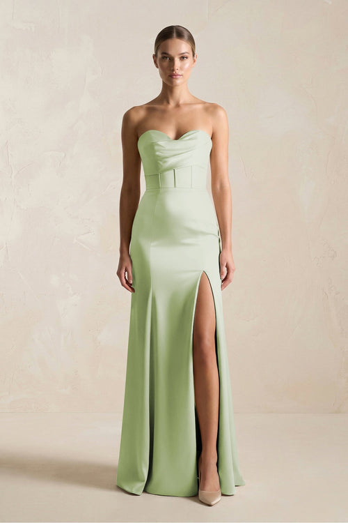 Sheath Sweetheart Corset Satin Bridesmaid Dress in Dusty Sage - KissProm Bridesmaid Dresses