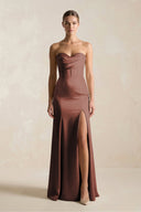 Sheath Sweetheart Corset Satin Bridesmaid Dress in Espresso - KissProm Bridesmaid Dresses