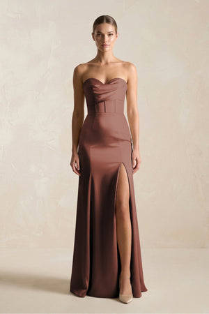 Sheath Sweetheart Corset Satin Bridesmaid Dress in Espresso - KissProm Bridesmaid Dresses