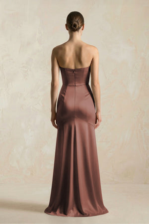 Sheath Sweetheart Corset Satin Bridesmaid Dress in Espresso - KissProm Bridesmaid Dresses
