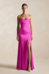 Sheath Sweetheart Corset Satin Bridesmaid Dress in Fuchsia - KissProm Bridesmaid Dresses