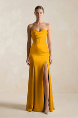 Sheath Sweetheart Corset Satin Bridesmaid Dress in Marigold - KissProm Bridesmaid Dresses