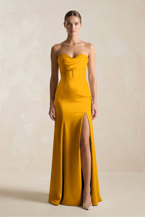 Sheath Sweetheart Corset Satin Bridesmaid Dress in Marigold - KissProm Bridesmaid Dresses