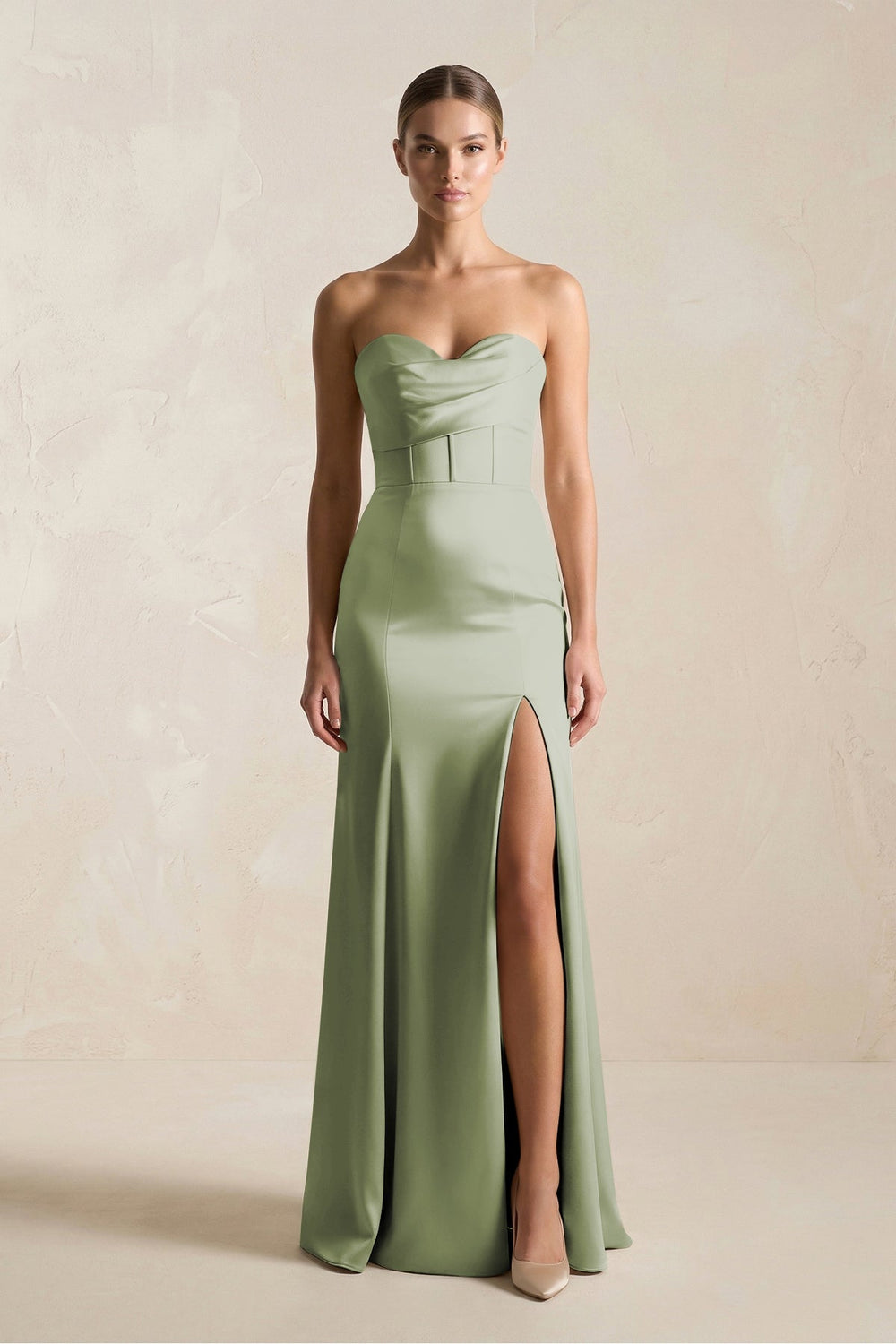 Sheath Sweetheart Corset Satin Bridesmaid Dress in Matcha - KissProm Bridesmaid Dresses