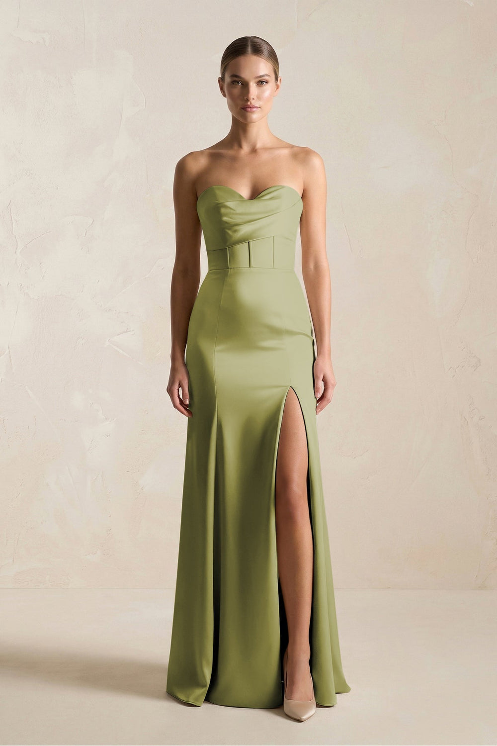 Sheath Sweetheart Corset Satin Bridesmaid Dress in Moss Green - KissProm Bridesmaid Dresses