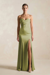 Sheath Sweetheart Corset Satin Bridesmaid Dress in Moss Green - KissProm Bridesmaid Dresses