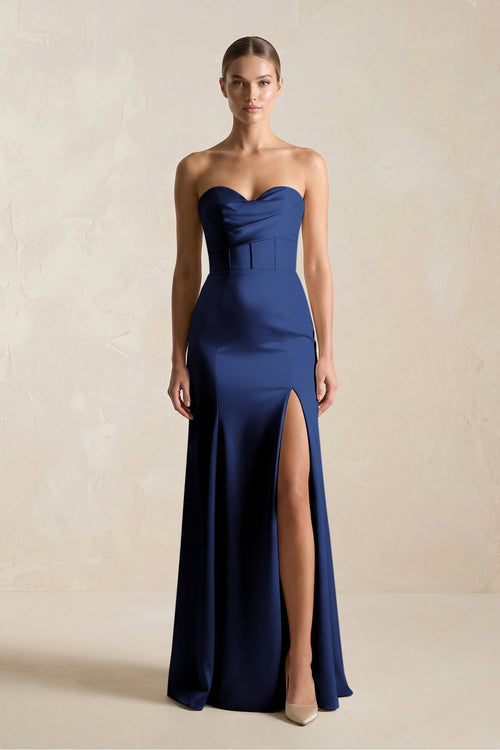 Sheath Sweetheart Corset Satin Bridesmaid Dress in Navy - KissProm Bridesmaid Dresses
