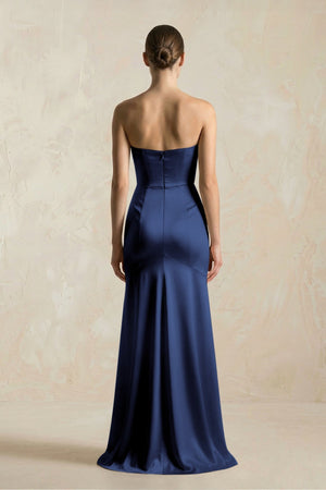 Sheath Sweetheart Corset Satin Bridesmaid Dress in Navy - KissProm Bridesmaid Dresses